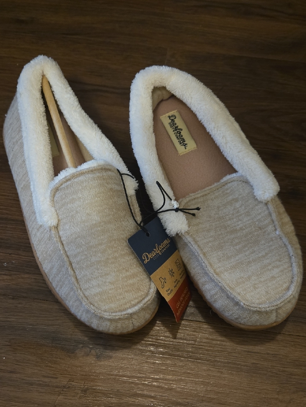 dearfoams Beige Moccasin Slippers with White Faux Fur Trim